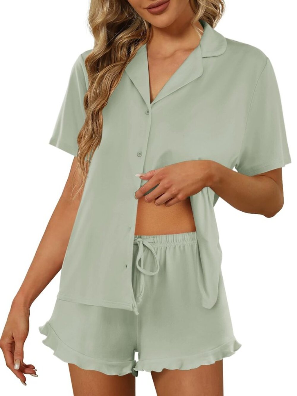 Pajamas Set for Women Short Sleeve Sleepwear Button Down Ruffle Pjs
